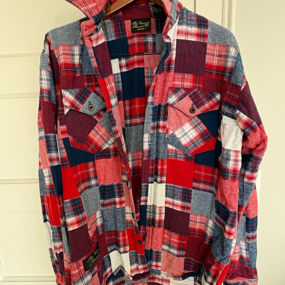 Patchwork Plaid Flannel Shirt - Red, Navy & Gray